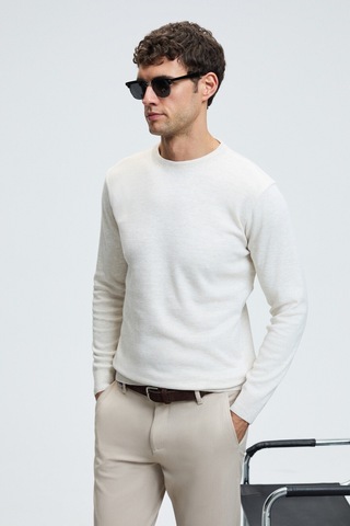 Grimelange VAREX Erkek Yuvarlak Yaka Basic Slim Fit Triko Ekru Kazak