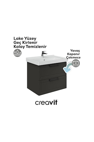 Creavit D20 65 Cm İki Çelmeceli Lavabo Dolabı Antrasit Lake Kapak Antrasit