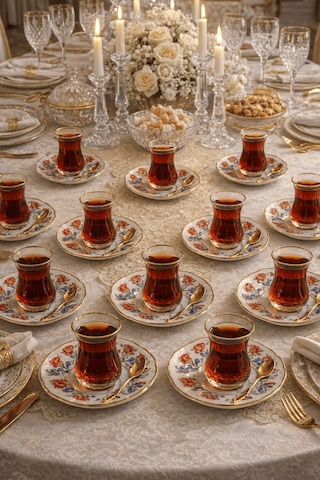 12 Li Yaldızlı Osmanlı Motif Porselen Çay Tabağı Desenli Çay Tabak Çok Renkli
