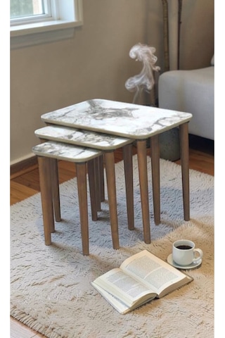 Msy Home Venüs Modern 3 Lü Zigon,orta,yan Sehpa Mdf İç İçe Geçen Pratik Sehpa Seti Beyaz Mermer
