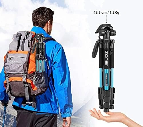 Coverzone Zomei Q111 Kamera Tripodu Cep Telefonu Tutuculu + Uzaktan Kumanda, Alüminyum Alaşım Hafif Kamera Ayaklı 3 Yönlü Döner Başlık Hızlı Değiştirme Plakası Ve Çanta 47 - 140 Cm Mavi Renk
