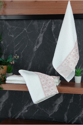Dantelli Güpürlü Lüks %100 Pamuk Çeyizlik 6 Lı El Yüz Havlu Seti 40x70 - Pembe - 4400 Pembe