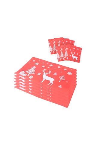 Bairuntong Noel Amerikan Servisi Yıkanabilir Mat Seti 6'lı Amerikan Servisi Ve 6 Bardak Matı Kırmızı