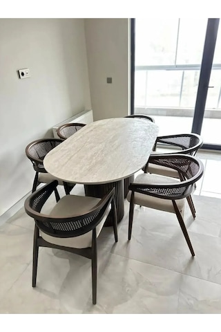 Luis 6 Sandalyeli İskandinav Tarzı Oval Masa Takım Krem