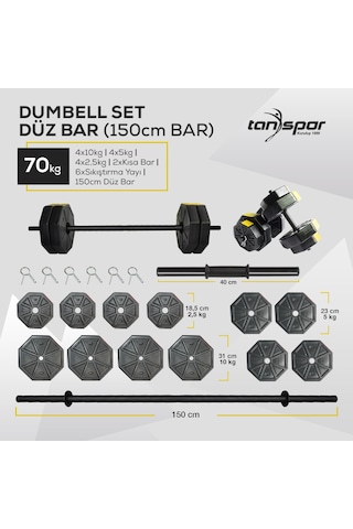 Tan Spor 70 KG Dambıl Halter Ağırlık Fitness Düz Bar Seti Kırmızı Kapaklı 150 CM