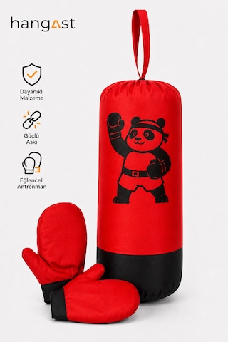 Çocuk Boks Seti Panda Desenli Asılabilir Boks Torbası Eldivenli Kırmızı
