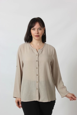 Moda Berray Tb-069 Keten Kolu Apoletli Sıfır Yaka Büyük Beden Taş Rengi Gömlek Bej