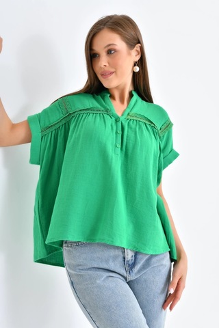 Dantel Detay Kısa Dokuma Bluz Yeşil