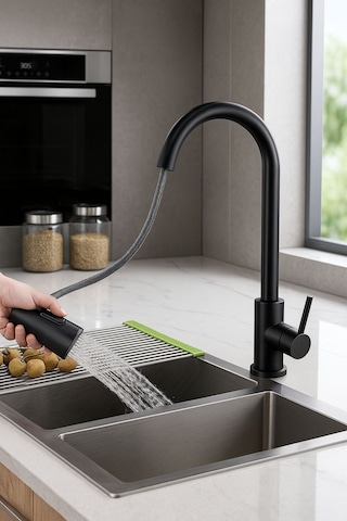 Rudi Armatür Siyah Spiralli Mutfak Eviye Bataryası Siyah