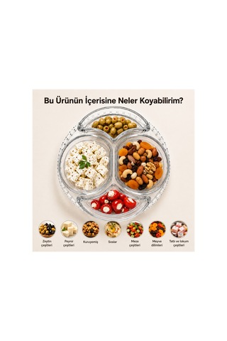 5 Parça 4 Bölmeli Cam Kahvaltılık,çerezlik,meze Tabağı, Çıkarılabilir Cam Bölmeli Sunum Servis Tabağı 24 Cm Şeffaf