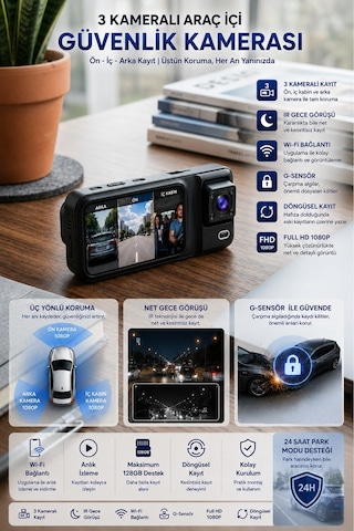 SN-38 Wİ-Fİ 3 Kameralı Araç Içi Kamera Full Hd 1080P Ön Arka Iç Kamera Ir Gece Görüşü G-Sensör Dashcam