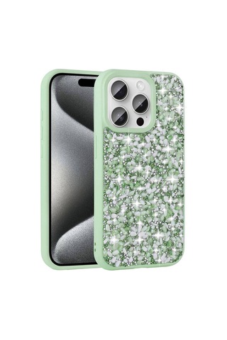 Apple Uyumlu iPhone 15 Pro Kılıf Parlak Taşlı Tasarım Zore Linea Diamond Kapak Light Green