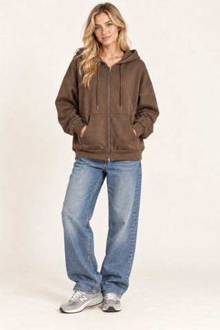 Cool Tarz Unisex Oversize Fermuarlı Kapüşonlu Sweatshirt 3 İplik Şardonlu Kahverengi Kahverengi