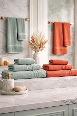 6 Parça Banyo Havlusu Seti Pamuklu 70x140 cm Serenio Mint-kiremit