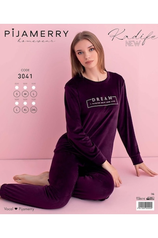 Pijamerry Kadın Kışlık Bisiklet Yaka Kadife Pijama Takımı 3041m - 1 Adet Mor