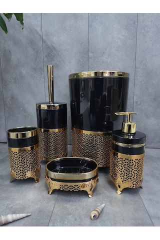 Avangard Siyah Üzeri Gold İşlemeli 5'li Banyo Seti Siyah