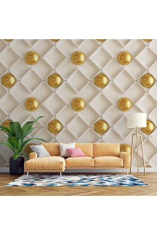 3 Boyutlu Altın Küre Beyaz Kare Desen Duvar Kağıdı Baskı 1 M²