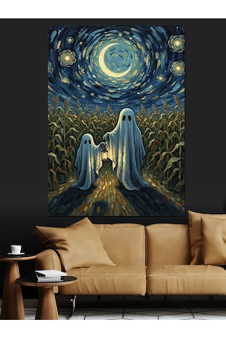 Ahşap Tablo Van Gogh Tarzı Yıldızlı Gecede Hayaletler İllüstrasyonu