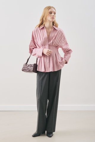 Pile Detaylı Gömlek Pembe Çizgili Pembe Çizgili