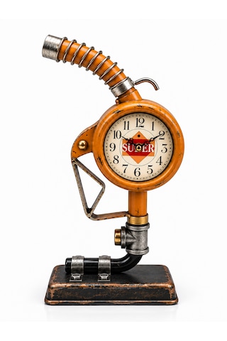 Nostalji Retro Turuncu Metal Saatli Benzin Pompası Masa Saati