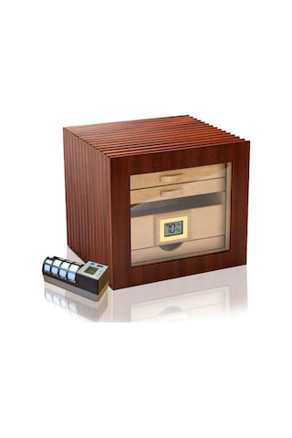 Cigarloong Camlı 3 Çekmeceli Puro Kutusu Ceviz 60's Cigarspa Elektronik Nemlendirme