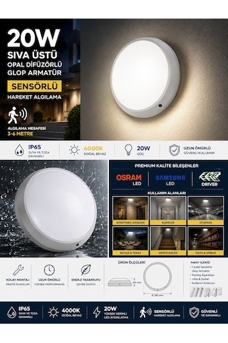 Gecem 20w 4000k Ip65 Sensörlü Sıva Üstü Opal Difüzörlü Led Glop Armatür Ilık Beyaz