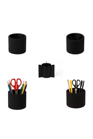 Özel 3d Baskı Ayrılabilir 4 Bölmeli Kalemlik Masa Vb. Kalemliği Çapı: 8,5 Cm X Yükseklik: 8 Cm Siyah