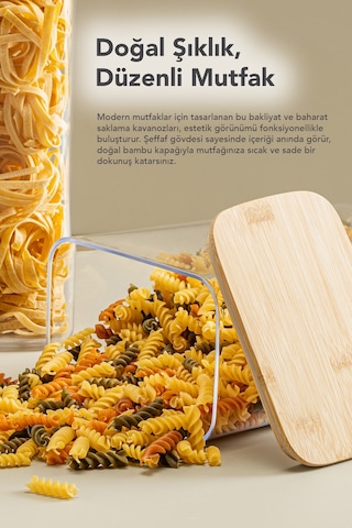 12'li Bambu Kapak Aura Dikdörtgen Saklama Kabı - Vakumlu Hava Almaz Kapak Erzak Bakliyat Kabı 1,5 Lt Bej
