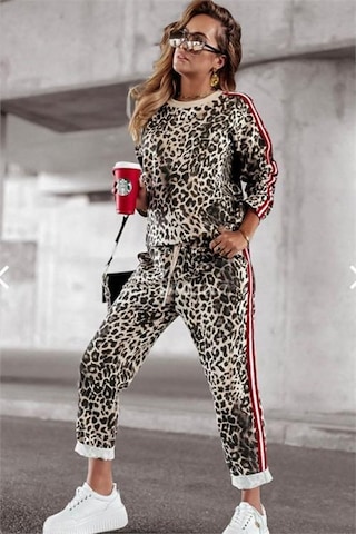 Dip Moda Kadın Leopar Desenli Çizgi Detaylı Takım Dpnbasp7233 Bej