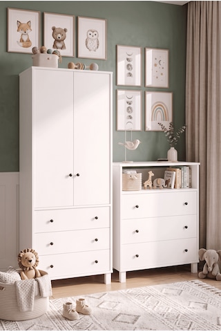 Robin Home Lena Bebek Çocuk Odası Takımı Yüksek Şifonyer 3 Çekmece Raflı + Gardrop Gardırop Elbise Dolabı Beyaz