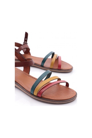 Dgn 3046 Kadin Sirali Üçlü Bantli Sandalet Kahve Sarı Kırmızı Yeşil