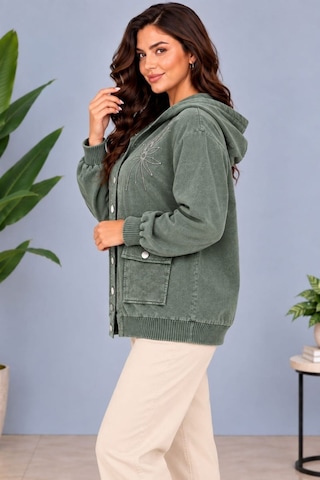Cedy Denim Cedy -özel Tasarım Kadın Taş Ve Nakış İşleme Detaylı Düğmeli Kapüşonlu Sweat Hırka C7150 Haki