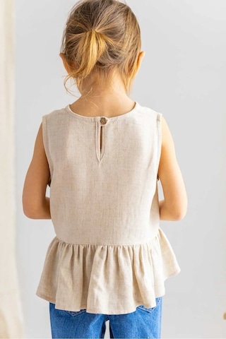 Oliventhekid Bej Naturel Keten Kolsuz Uçları Fırfırlı Kız Çocuk Bluz Bej Bej