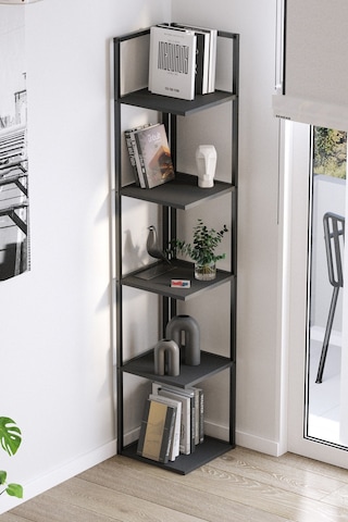 Bofigo 5 Raflı Metal Köşe Kitaplık Rafı Dekoratif Aksesuar Rafı Selanik 180 Cm Antrasit