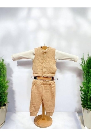 Erkek Bebek Yelekli 3 Lü Eşofman Takım-15378 Camel
