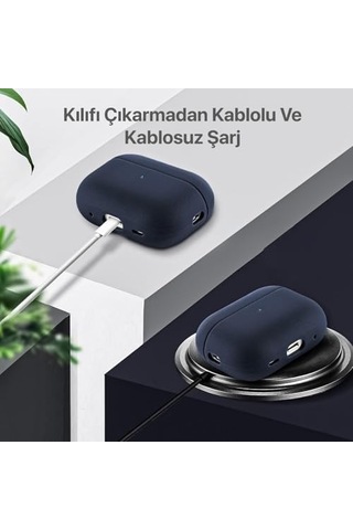 Airpods Pro 3 İle Uyumlu Leather Skin Parmak İzi Tutmayan Ve Çizilmeyen Dış Yüzeye Sahip Mükemmel Koruma Sağlayan Orta Sertlikte Silikon Kılıf Lacivert, Airpods Pro 3. Nesil 2025