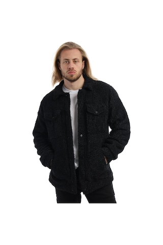Erkek Kıvırcık Peluş Cıt Cıt Kapamalı Ceket Siyah