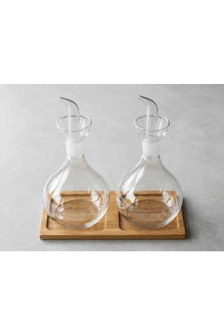 2li Düz Tombul Borosilikat Cam Yağdanlık Ve Sirkelik Seti Bambu Standlı 750 Ml Şeffaf