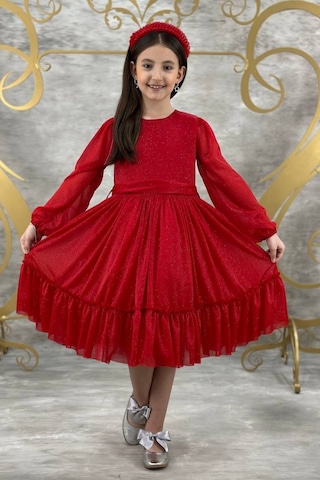 Zarif Simli Kız Çocuk Kırmızı Elbise 001
