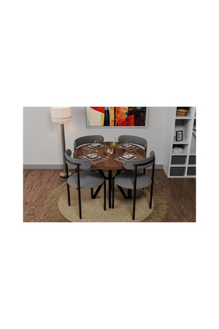 İdeal Home Mdf Yuvarlak Ceviz Masa Ve 4 Tedy Sandalye Mutfak Ve Balkon Masa Takımı Kahverengi