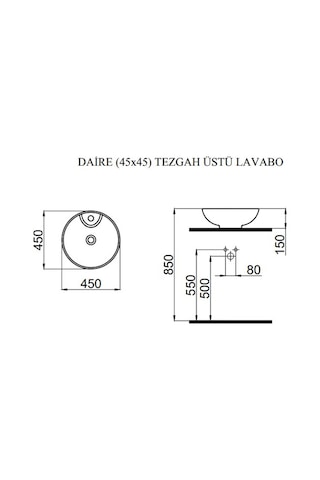 Idevit Tezgah Üstü Daire Çanak Daire Lavabo 45CM Hariç