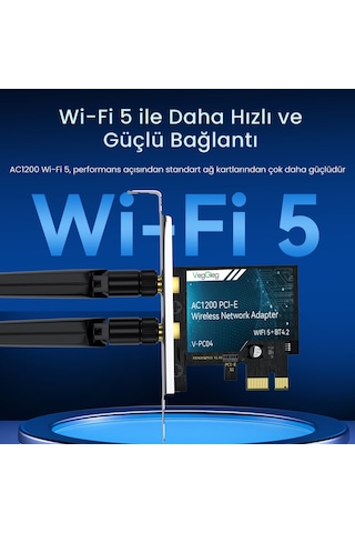 Veggieg Ax1200 Wi-fi 5 Alıcı Ve Bluetooth 4.2 Adaptör 5db Dual Anten Pcıe Wifi Ağ Kartı