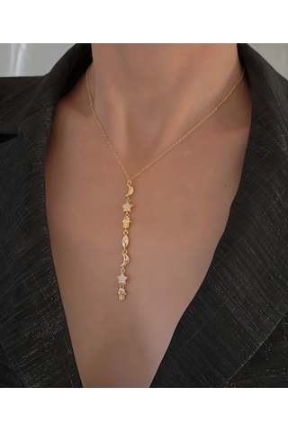 Manifest Y Dikey Sembollü Hamsa Ay Yıldız Figürlü Kolye Gold