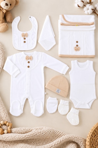 Babyhola Organik %100 Pamuk Kız Erkek Bebek Yenidoğan Tulum Zıbın Battaniye 8'li Set 0-3 Ay Hediyeli Bej