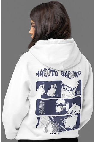Sevbano Naruto Sasuke Uchiha Anime Sırt Baskılı Unisex Oversize Penye Hoo beyaz