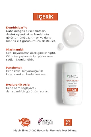 Sinoz Yağlı Ciltler için Sıvı Yüz Güneş Kremi SPF50+ 50 ML