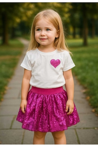 Kız Çocuk Mor Kalp Desenli Pullu Pamuklu Prenses Takım Pembe