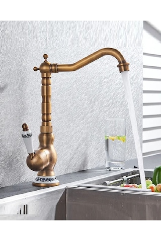 Rena Design Rustik Antik Evye Bataryası Mutfak Musluğu Eskitme Bakır Osmanlı Lavabo Çanak Armatür Otantik Bakır Eskitme Antik