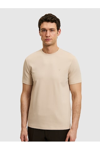 Bej Slim Fit Modal Karışımlı Bisiklet Yaka Basic T-shirt