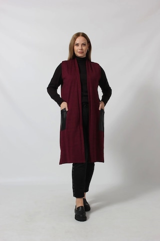 Moda Berray Deri Cep Detaylı Uzun Triko Yelek Vişne Çürüğü Mürdüm